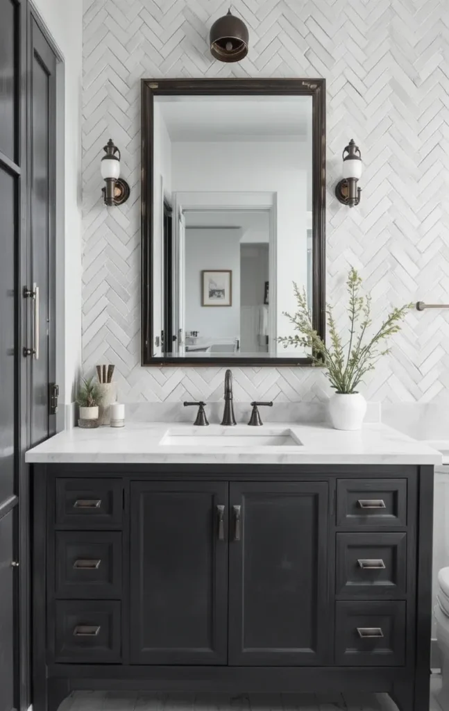 White herringbone tile backsplash behind vanity