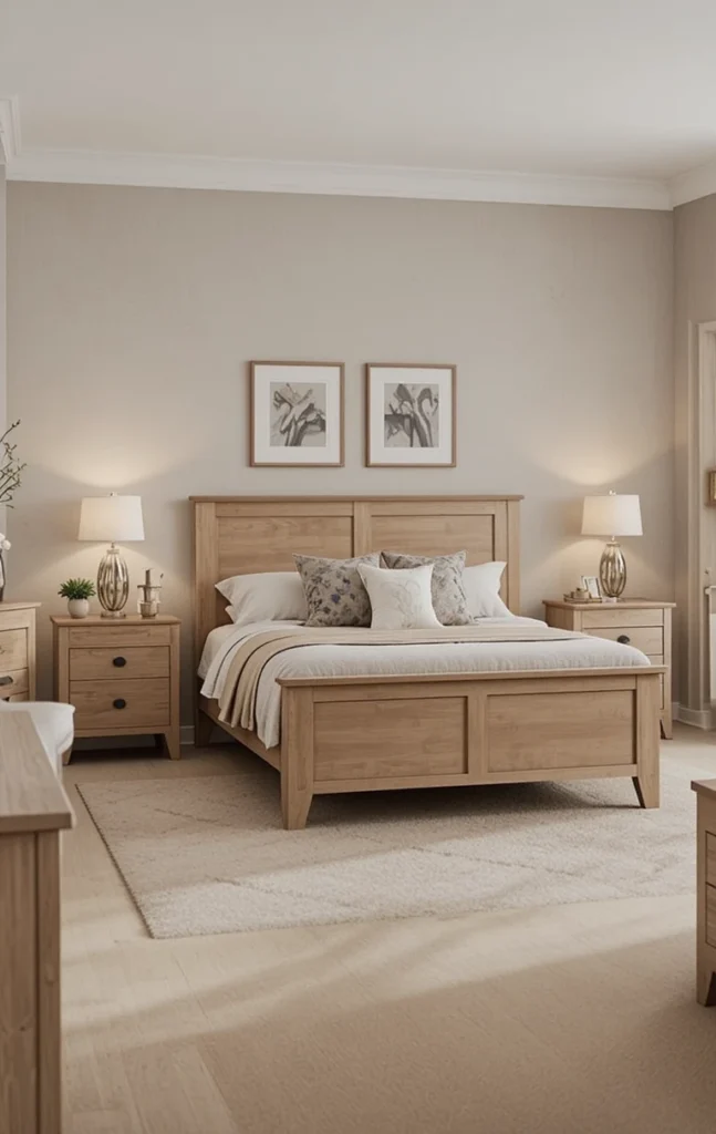 Beach bedroom with natural light wood furniture and driftwood accents.