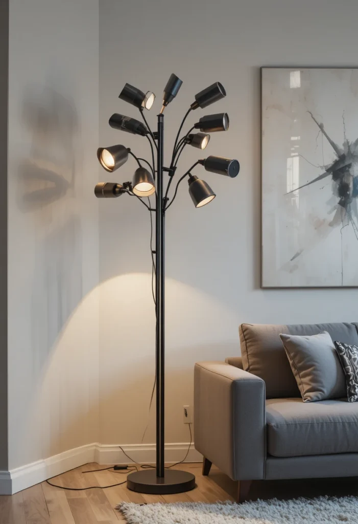 Multi-head floor lamp providing layered lighting in living room