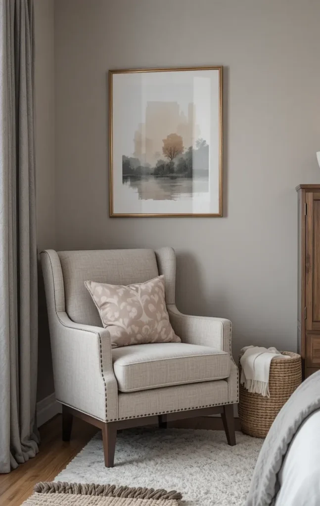 Bedroom corner with accent chair and small basket for storage.