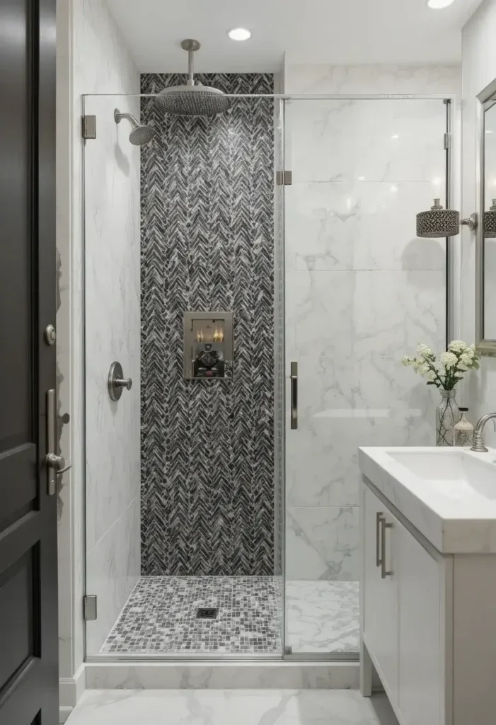 Walk-in shower with light-colored tiles in a small bathroom to visually expand the space.