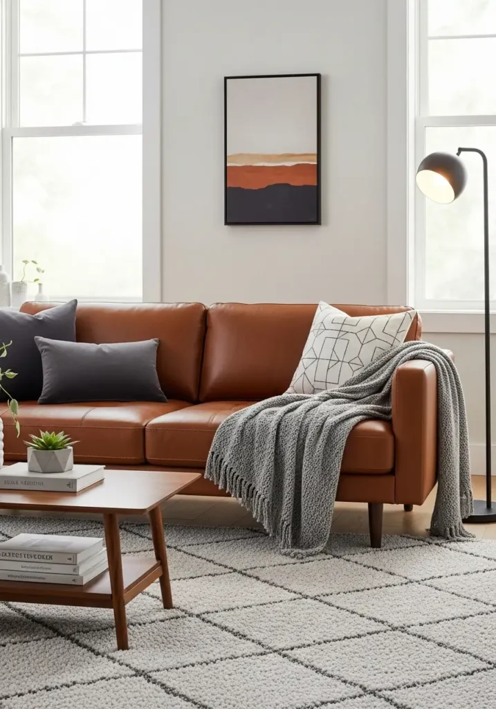 Brown sofa styled with soft gray accents.