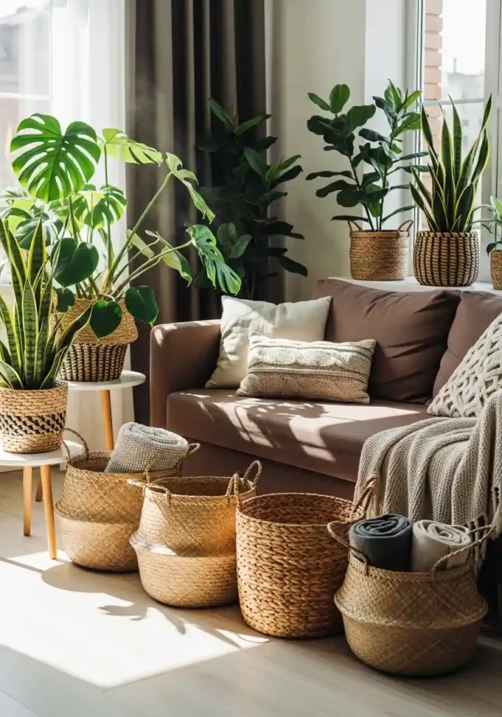 Brown sofa styled with indoor plants.
