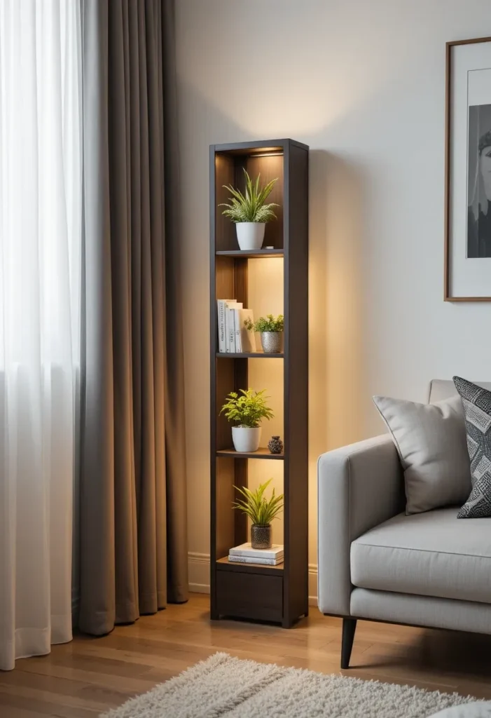 Floor lamp with shelves providing lighting and storage in living room