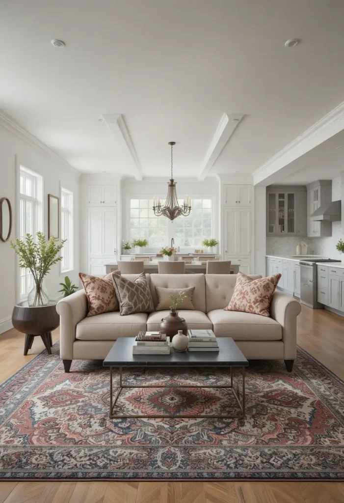 Blending textures and patterns in open kitchen and living room
