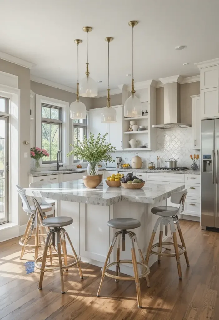 Multi-functional seating at a U-shaped kitchen island.