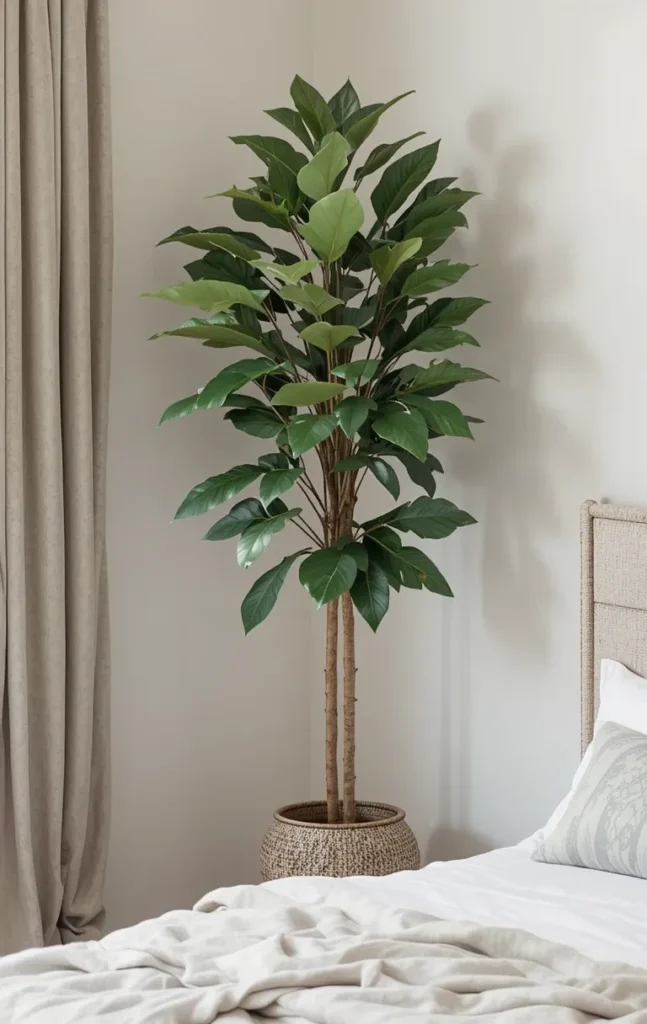 Tall indoor plant in bedroom corner adding texture and color.