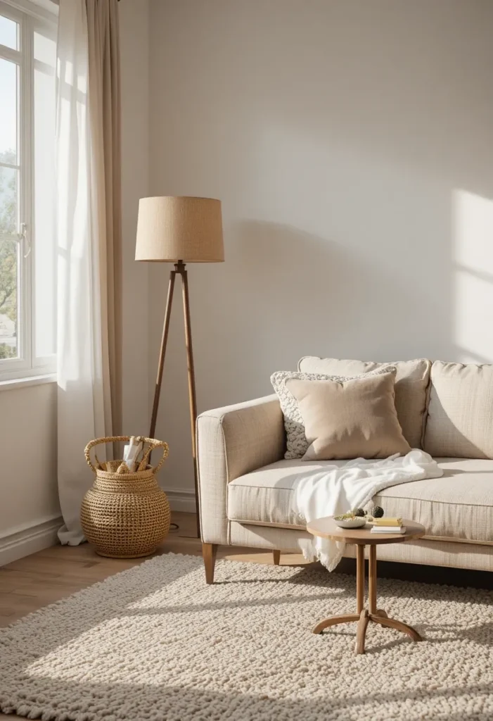 Wooden floor lamp adding warmth and natural texture to living room