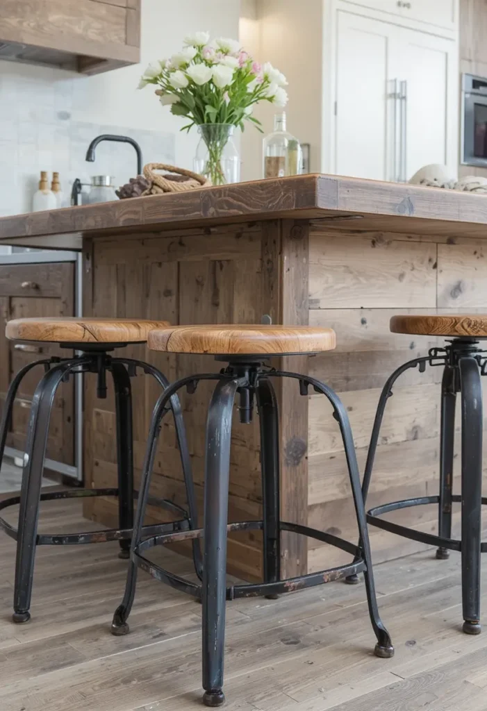 Sturdy wood and metal kitchen island stools providing durability and style for daily use.