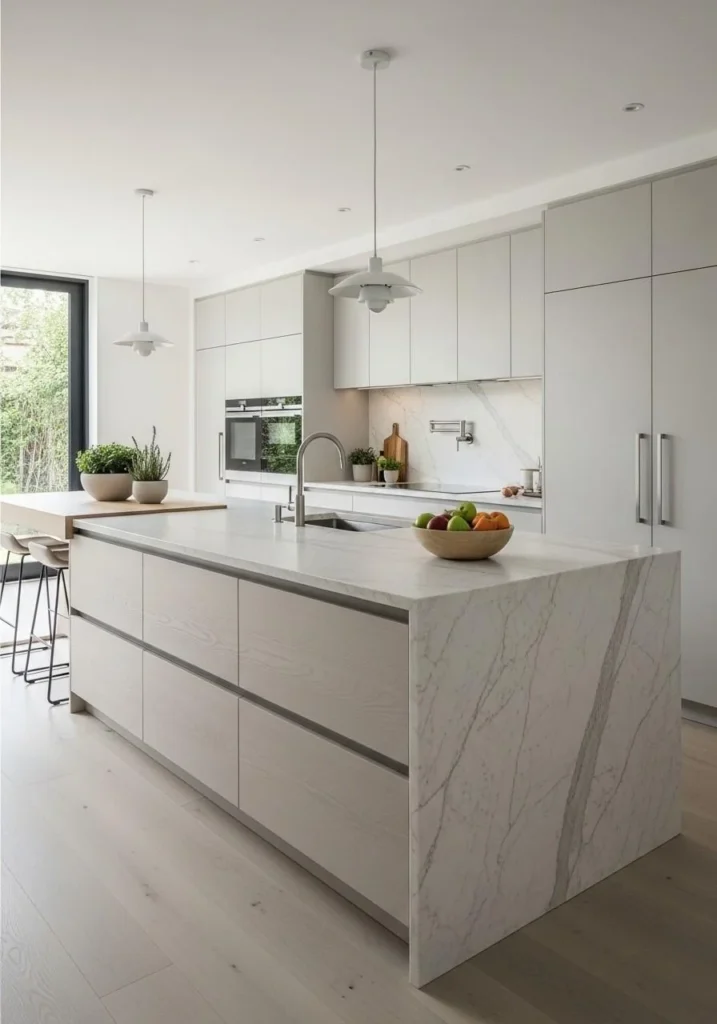 White oak kitchen island with waterfall edge.
