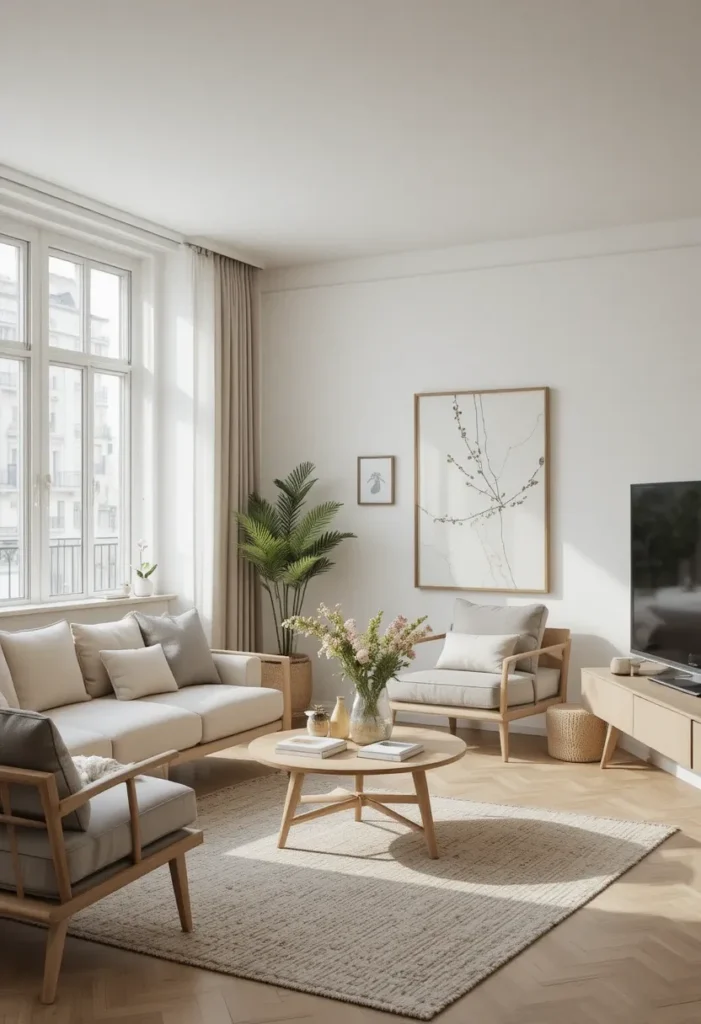 “Apartment living room kept minimal and uncluttered, showcasing edited and essential items only.