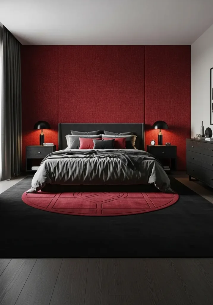 Textured dark accent wall in vampire bedroom.