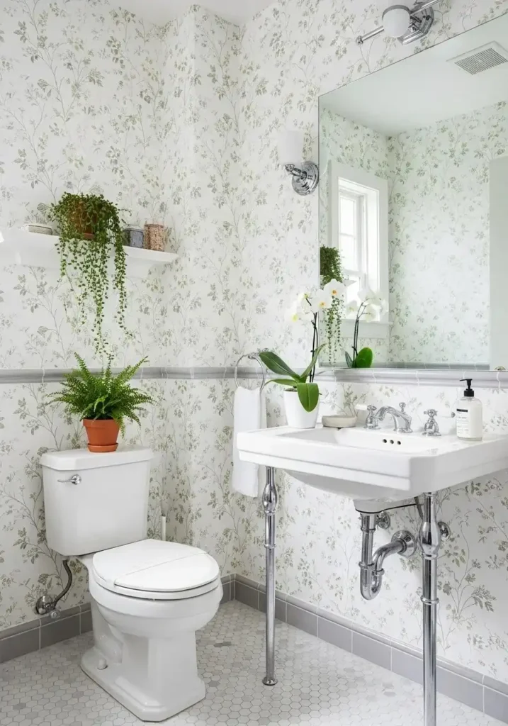 Botanical wallpaper in cozy bathroom with plants