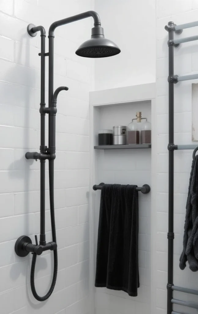 Black bathroom fixtures on white walls