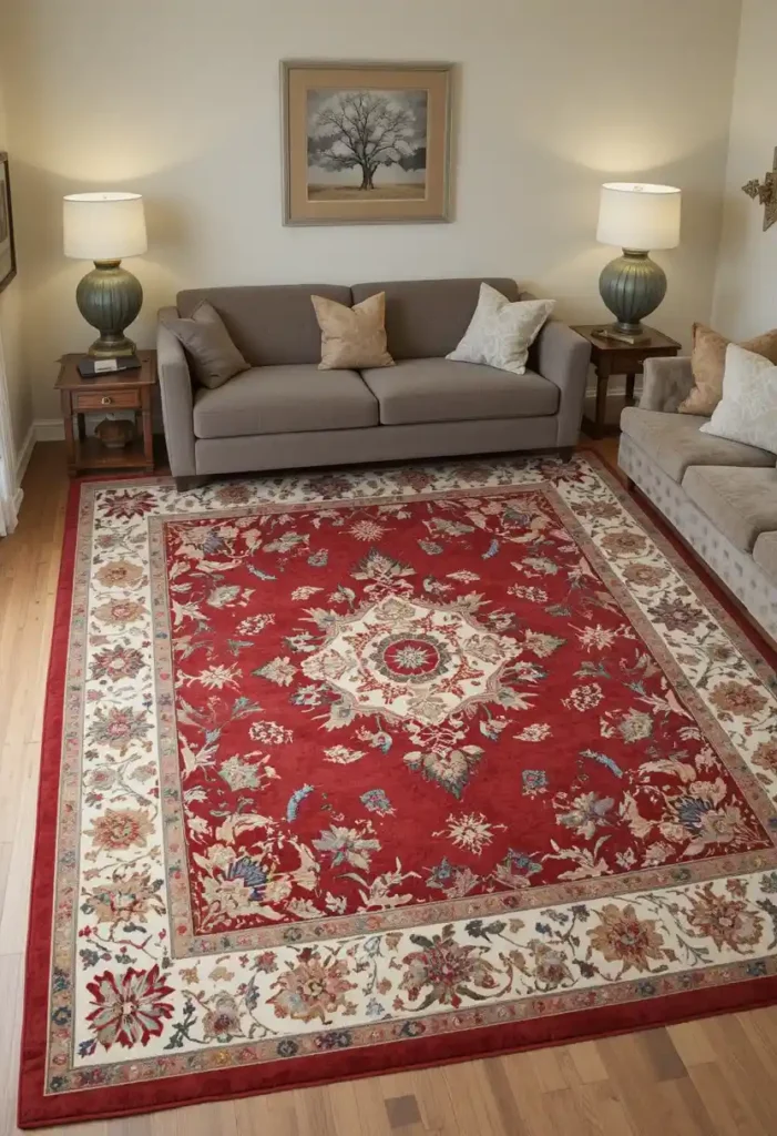 Well-proportioned rug balancing living room furniture and space.