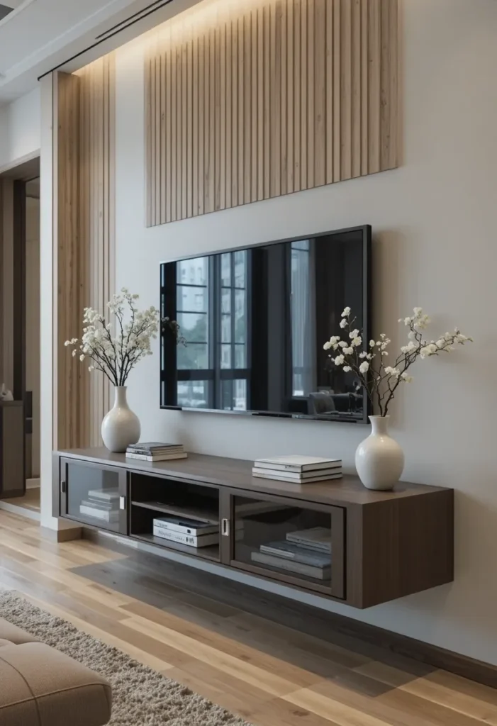 “Floating media console mounted below a TV in a clean, modern living room.