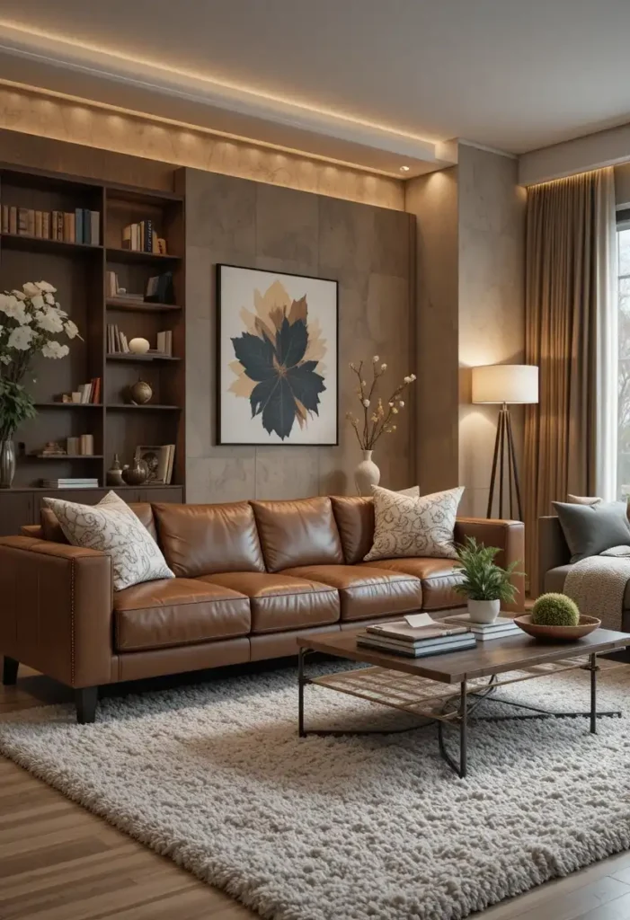 Plush textured rug adding warmth to living room with leather sofa