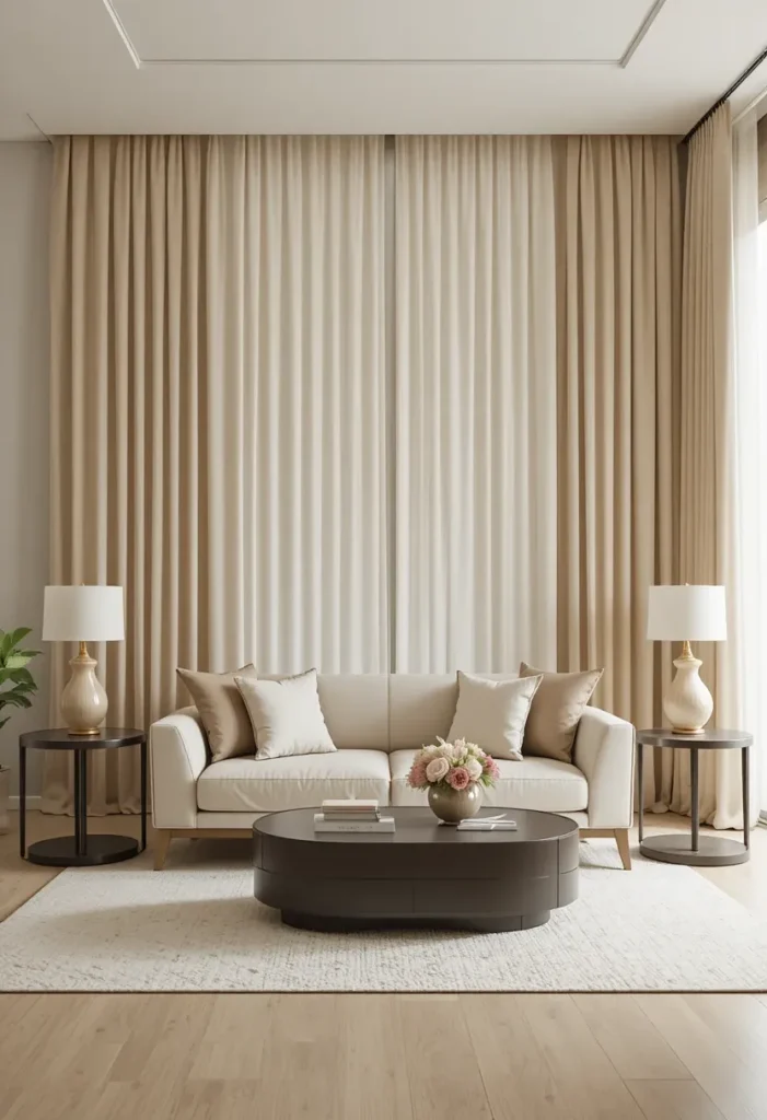 Floor-length cream curtains in a contemporary living room.
