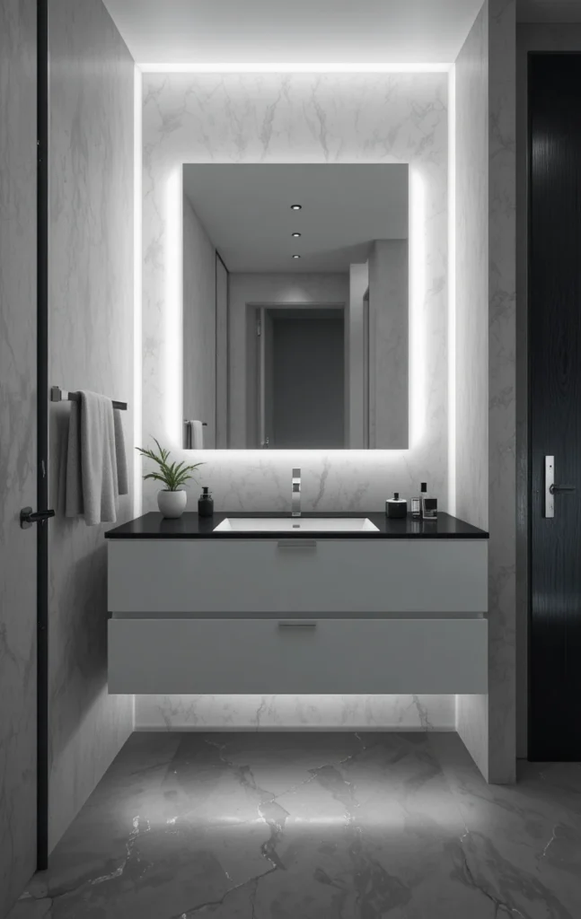 White floating vanity with black countertop