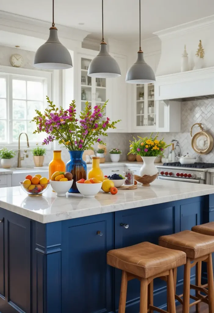 Decorative accents on a kitchen island enhancing style.