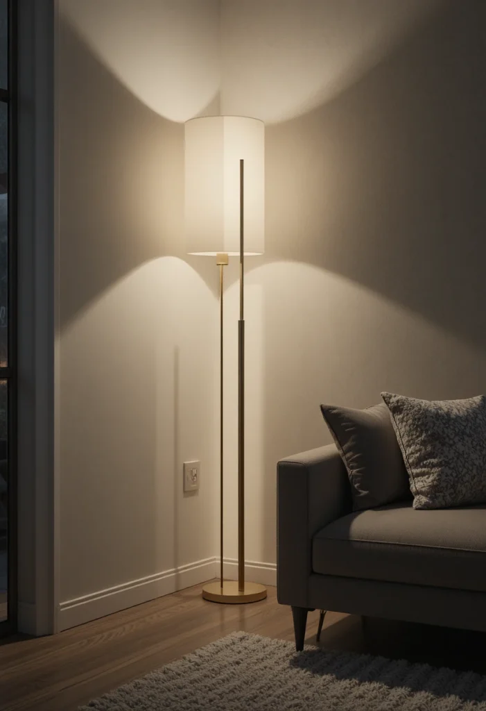 Tall floor lamp brightening a dark living room corner