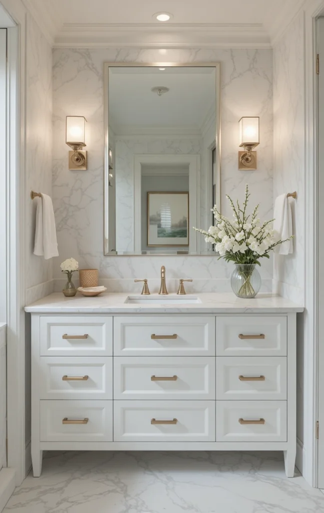 Modern minimalist bathroom vanity with hidden handles and neutral tones.