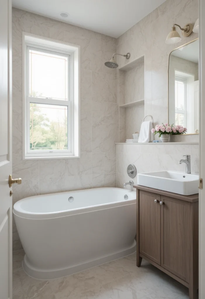 Corner bathtub solution for small bathroom with awkward layout