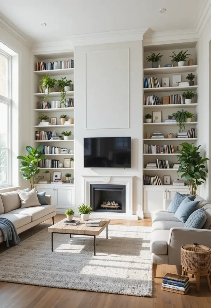 Floor-to-ceiling built-in shelves in a modern living room with books, plants, and decor