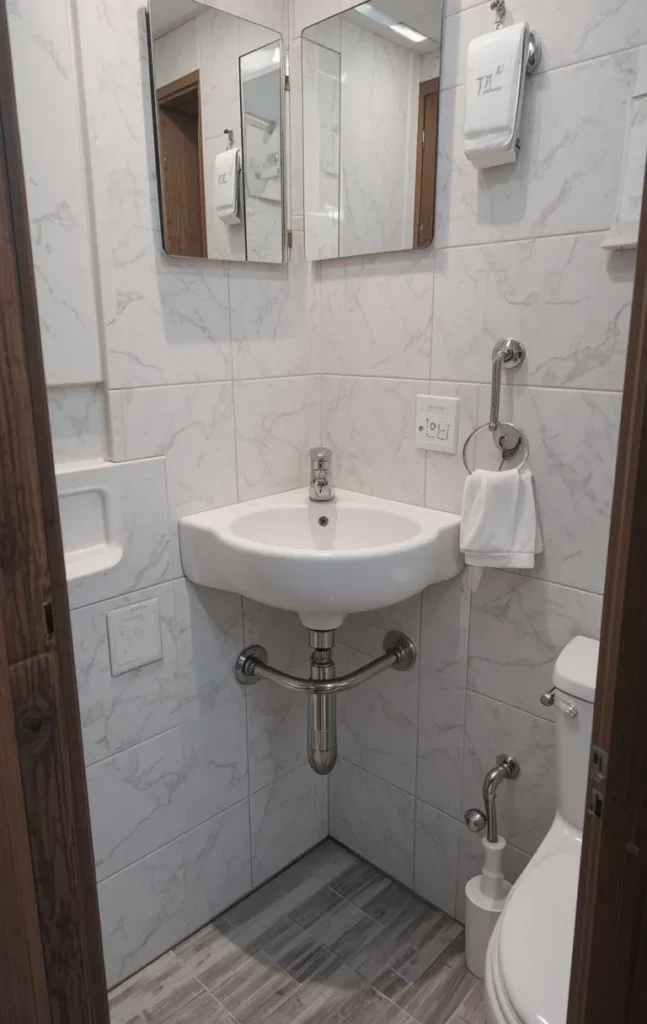 Corner sink saving space in a compact bathroom layout.