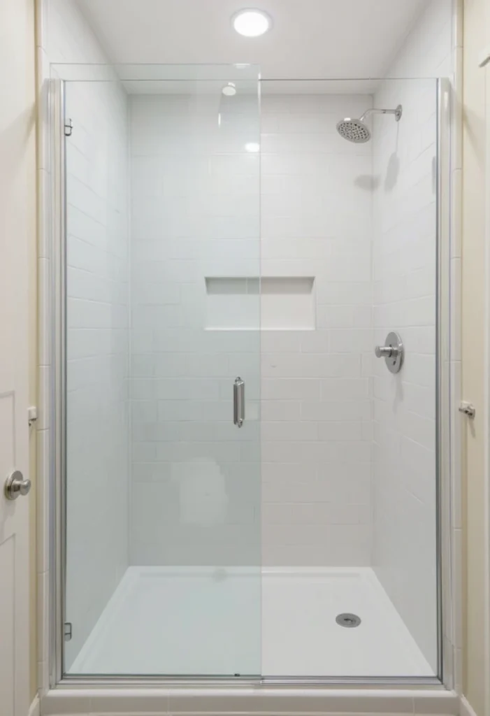 Half-glass partition in a walk-in shower for an airy feel in a small bathroom.