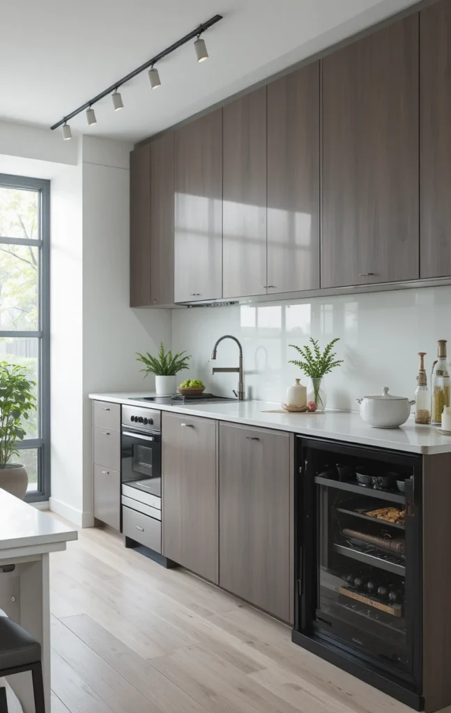 Clutter-free one wall kitchen with hidden appliance storage