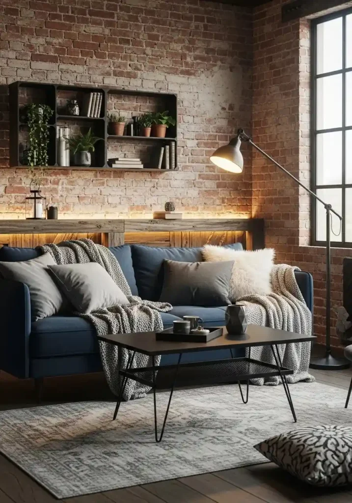 Blue couch in industrial loft living room.