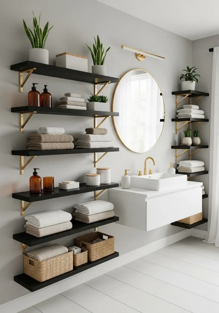 Black shelving with gold brackets
