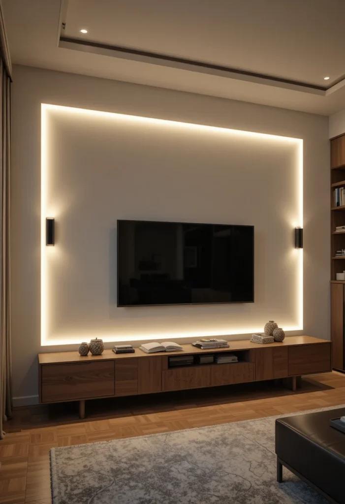 “TV wall with accent lighting using LED strips and wall sconces in a modern living room.”