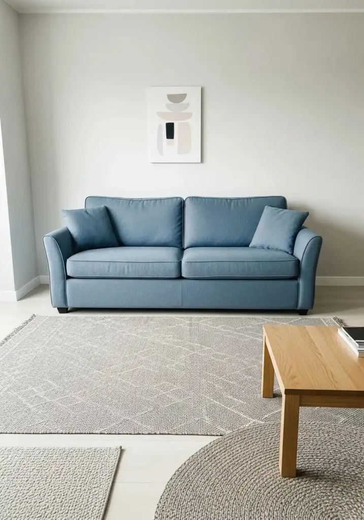 Blue couch in minimalist living room.