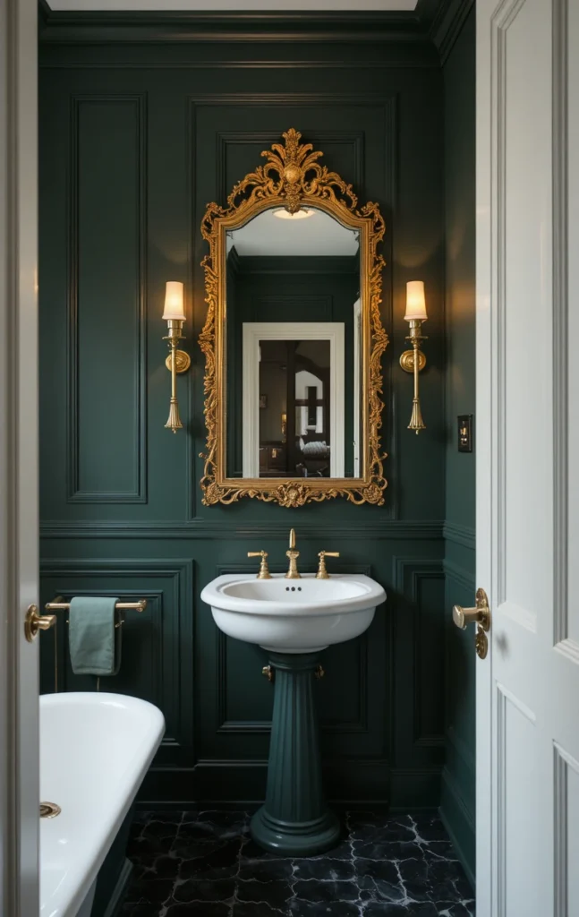 Dark green bathroom with brass fixtures and gold mirror accents.