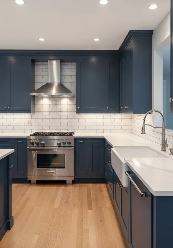 Navy cabinets with white subway tile.