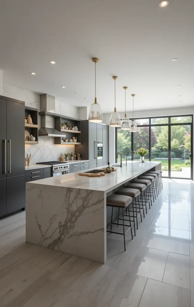 Long kitchen featuring a central island with seating and prep space