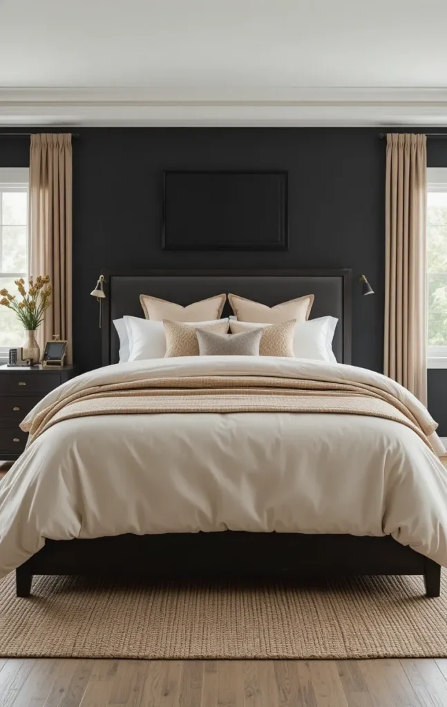 Dark bedroom balanced with light cream and beige bedding
