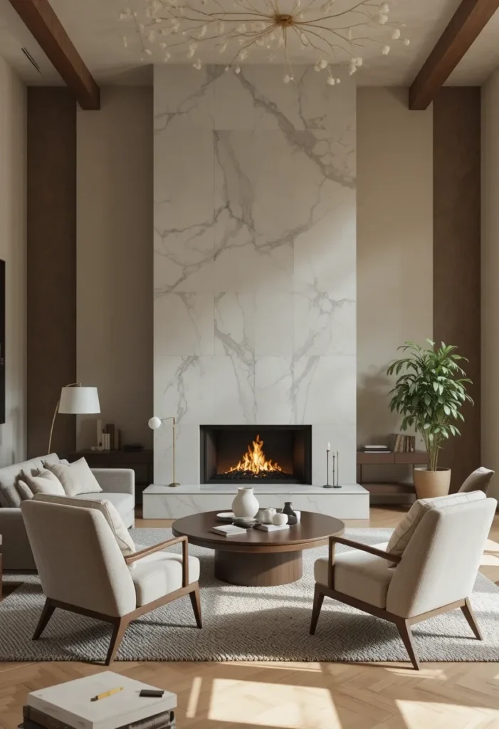 Living room with sofa and chairs arranged facing a central fireplace as the focal point.