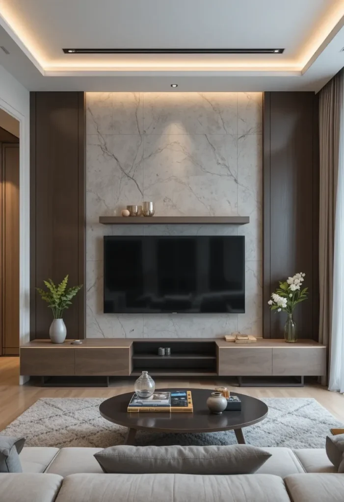 “Feature wall with subtle texture behind the TV in a modern living room.”