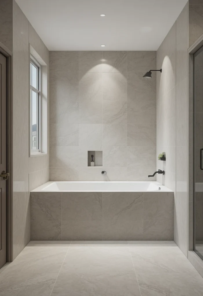 Wall-to-wall bathtub creating a seamless look in a small bathroom