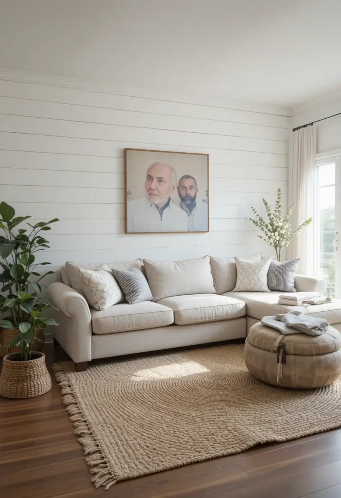 Living room with white shiplap panel accent wall and cozy seating