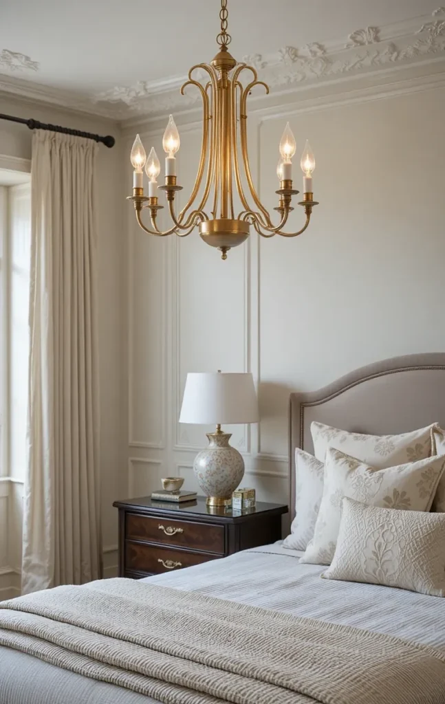 Chandelier finish coordinated with bedroom hardware for a cohesive design.