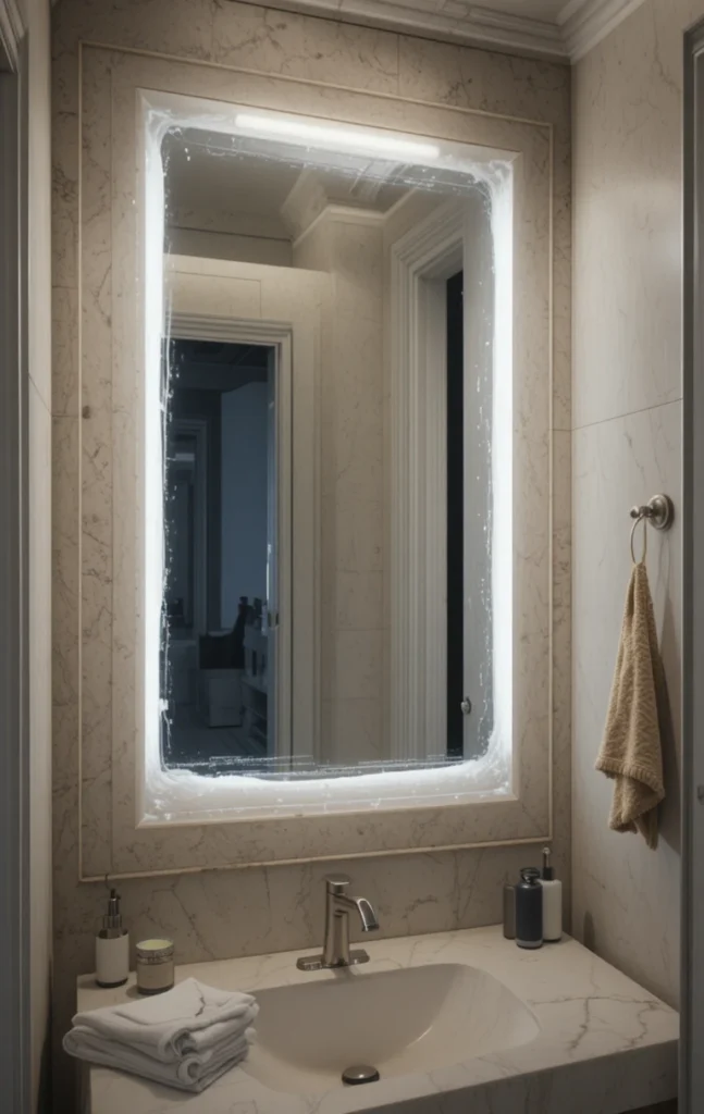 White framed mirror in bright bathroom