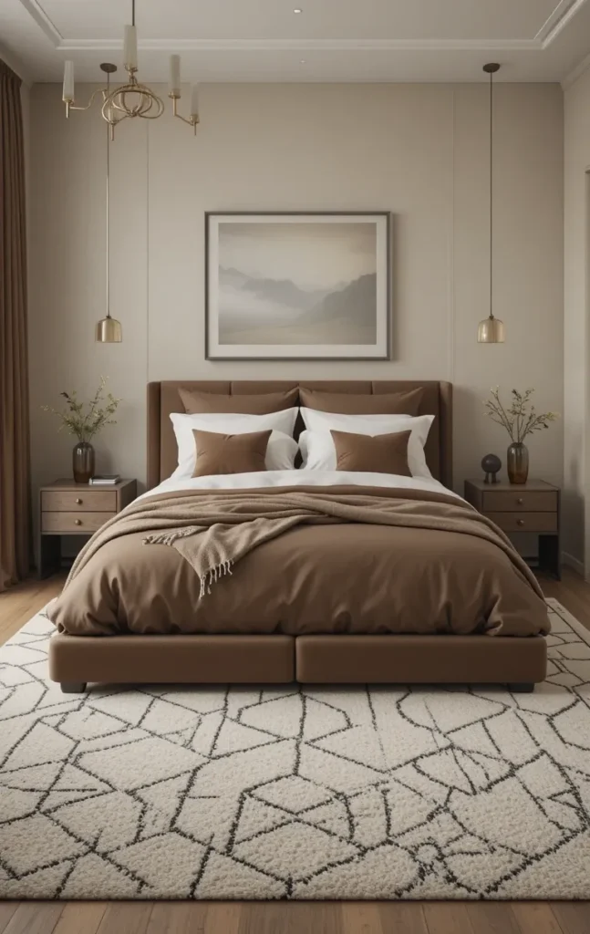 Minimal patterned rug in black and brown bedroom