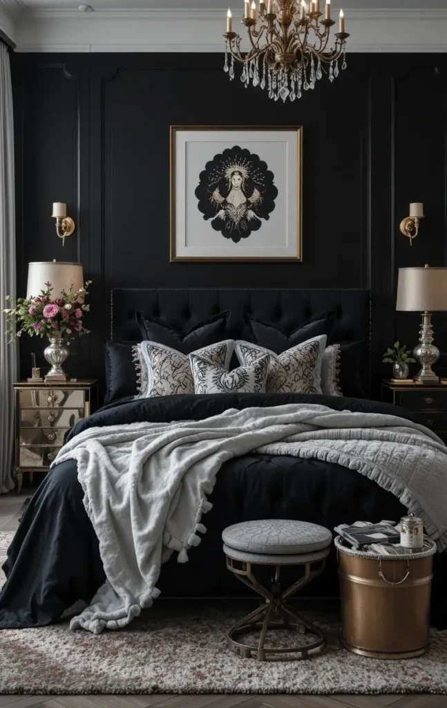 Layered textures in black and silver bedroom with velvet and metallic accents