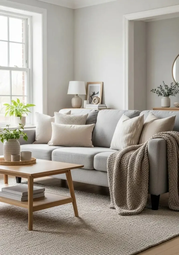 Layered neutrals living room with grey couch and soft beige textures.