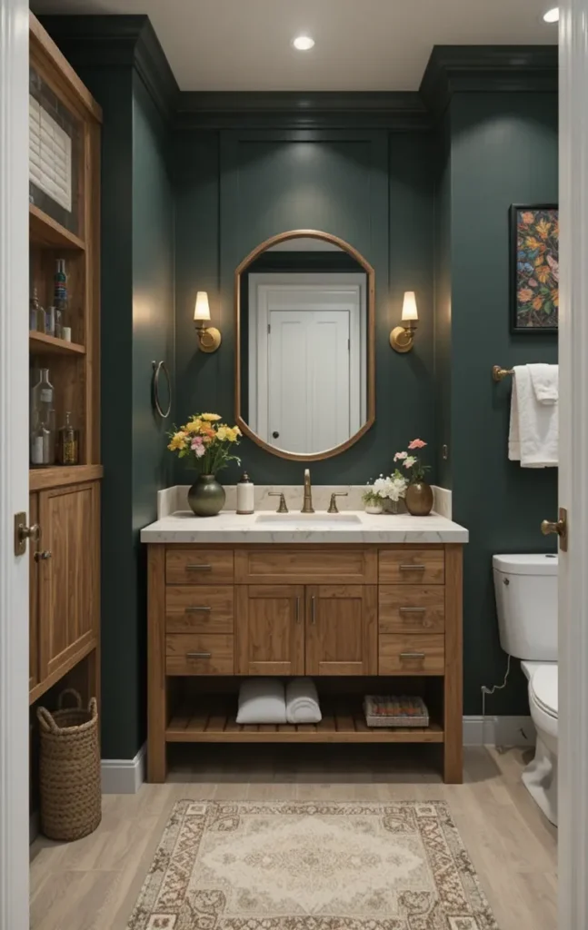 Dark green bathroom paired with natural wood vanity for warmth.
