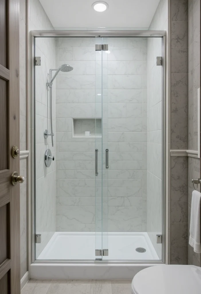 Frameless glass walk-in shower in a small bathroom to create an open, airy feel.